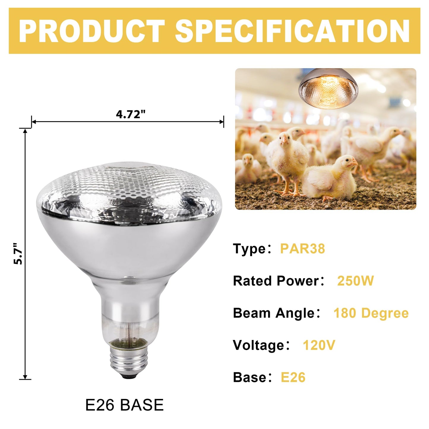 Wesome Lighting 250 Watt Heat Lamp Bulbs for Chickens, PAR38 Clear Glass Brooder Heat Lamp, Infrared Reflector Heat Bulbs for Pets, Bathroom, Food, Light Therapy 2 Pack