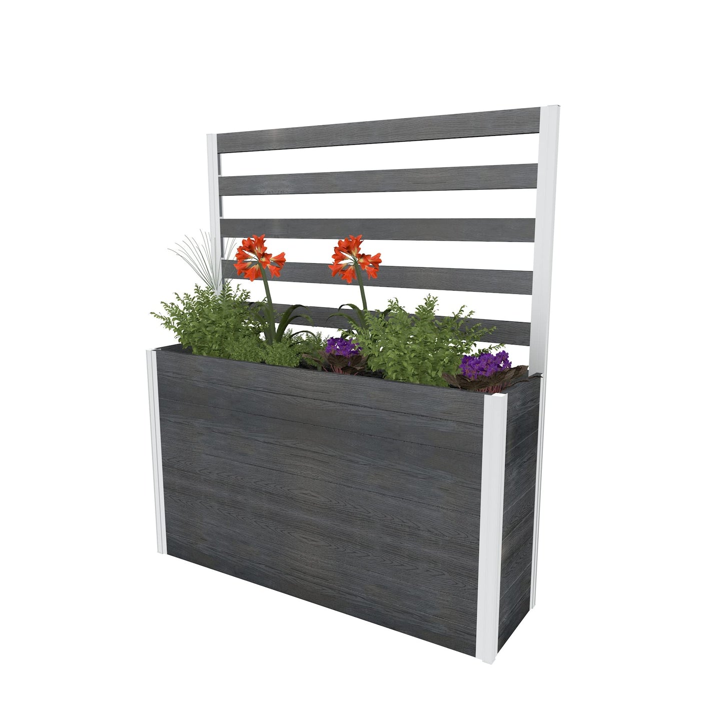 Vita Urbana 16 inch x 56 inch x 33 inch Embossed Vinyl Large Parklette Planter with Trellis, Slate Grey, Gray, Woodgrain, PVC, BPA and Pthalate Free, VT17634