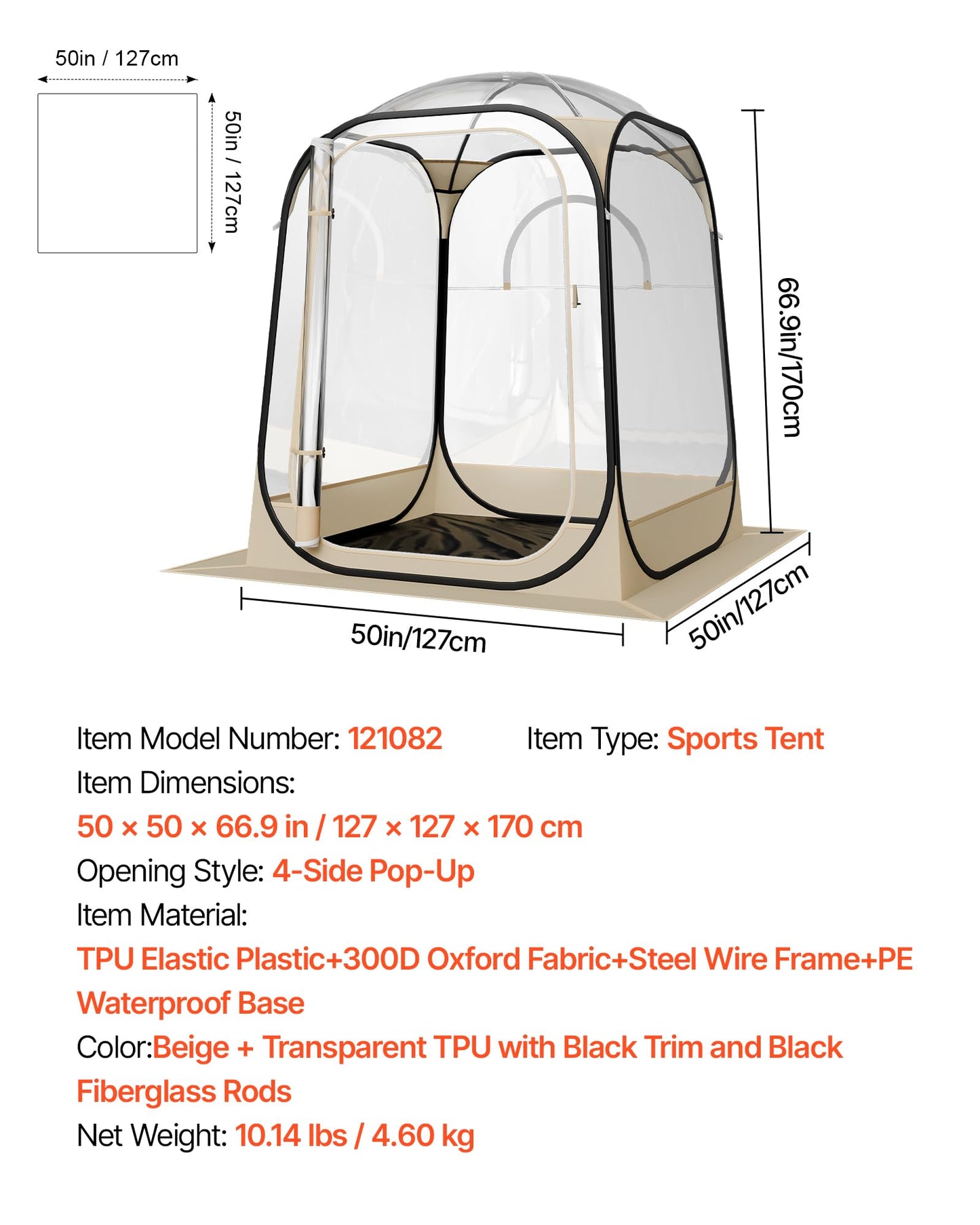 VEVOR Pop Up Sports Tent, 50x50x66.9 Instant Weather Proof Clear Tent for 2 Person, Portable Foldable Dome Shelter with Removable Floor Mat & Top Cover, for Watching Sports Events, Camping, Fishing