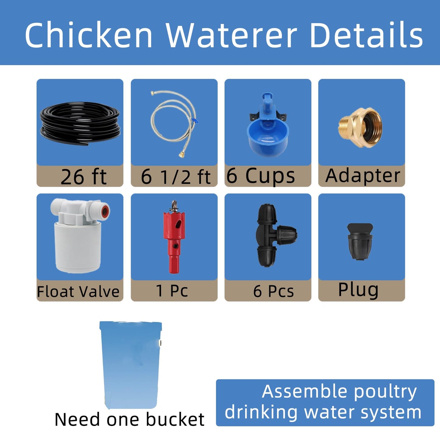 Automatic Chicken Waterer – Float Controlled 6 pcs Chicken Water Cups with Hose Fitting, No-Spill Chickens Watering System,Quick-Connect Poultry Water Dispenser.