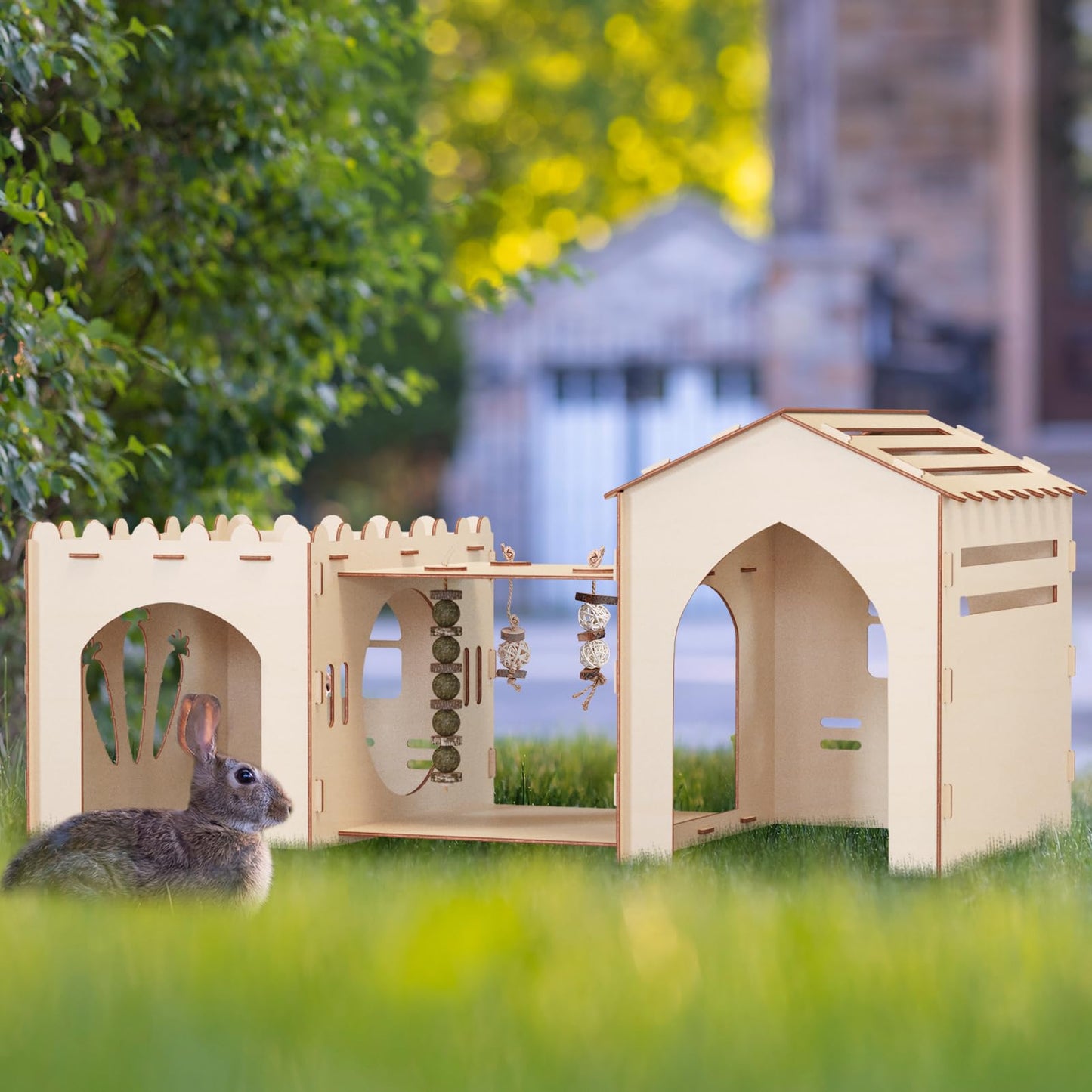 Woiworco Extra Large Rabbit Castle Hideout Bunny House with 3 Houses and Toys, Wooden Bunny Hideout Indoor Large Rabbit Hutch Play Houses and Hideouts Nut Castle Hamsters and Guinea Pigs Hut to Hide