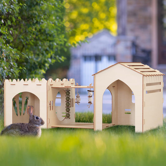 Woiworco Extra Large Rabbit Castle Hideout Bunny House with 3 Houses and Toys, Wooden Bunny Hideout Indoor Large Rabbit Hutch Play Houses and Hideouts Nut Castle Hamsters and Guinea Pigs Hut to Hide