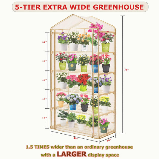 5 Tier Greenhouse with Grow Light ,Portable Greenhouse with Zippered PVC Cover for Seed Starting Trays , 75'' H x 40'' W x 19'' D Plant Light for Indoor Plant with Timer(PLGH1005OWPT)
