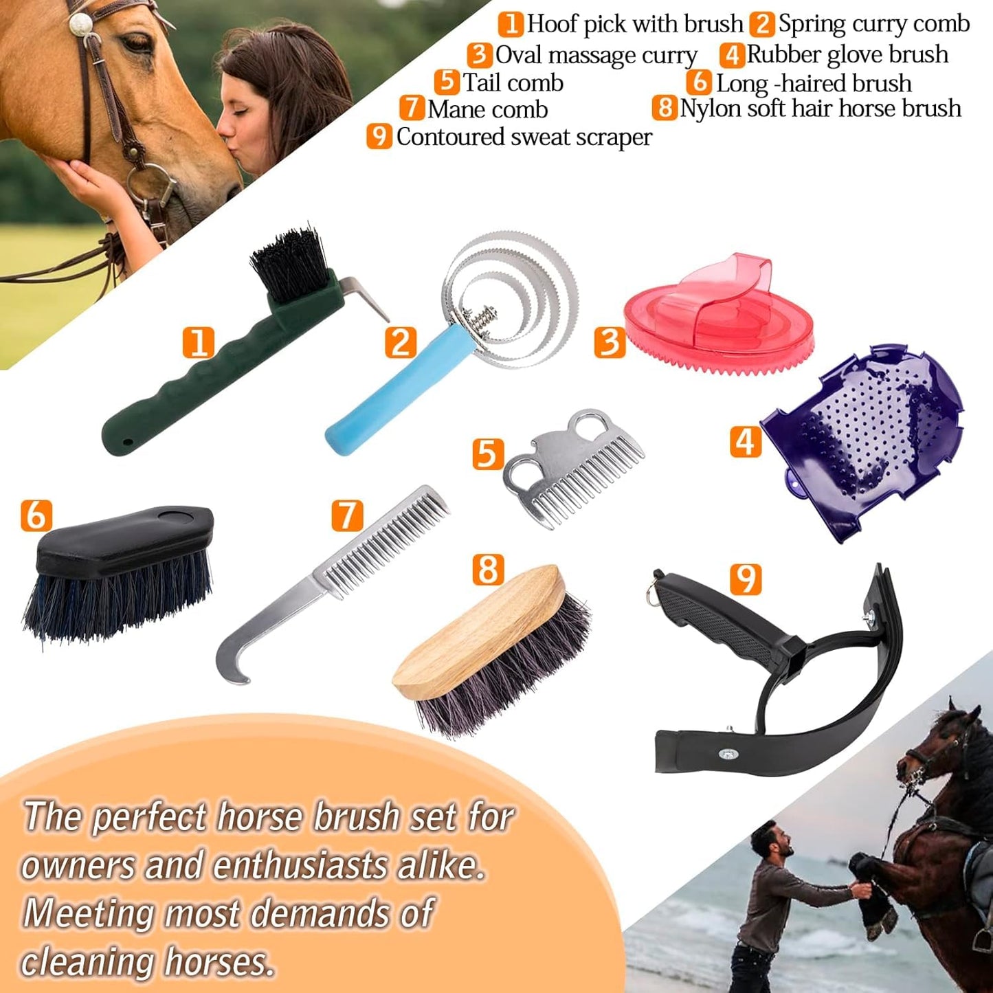 Horse Grooming Kit, Horse Brush Set, 10Pcs Horse Cleaning Kit with Brush, Sweat Scraper, Curry Comb, Hoof Pick, Tote Bag