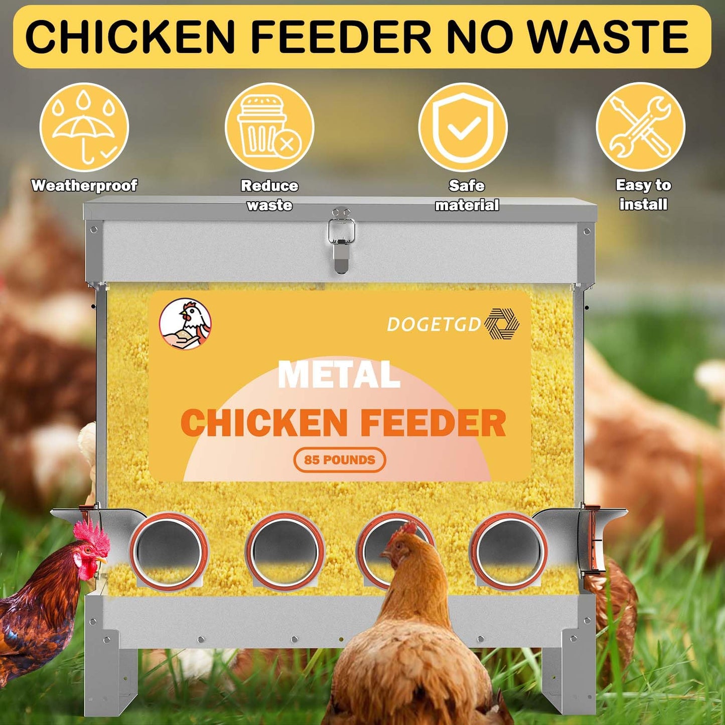 Automatic Chicken Feeder No Waste Metal Poultry Feeder Large Capacity 85lbs for Chickens, Geese, Ducks, Turkeys, Quails (10-Port)
