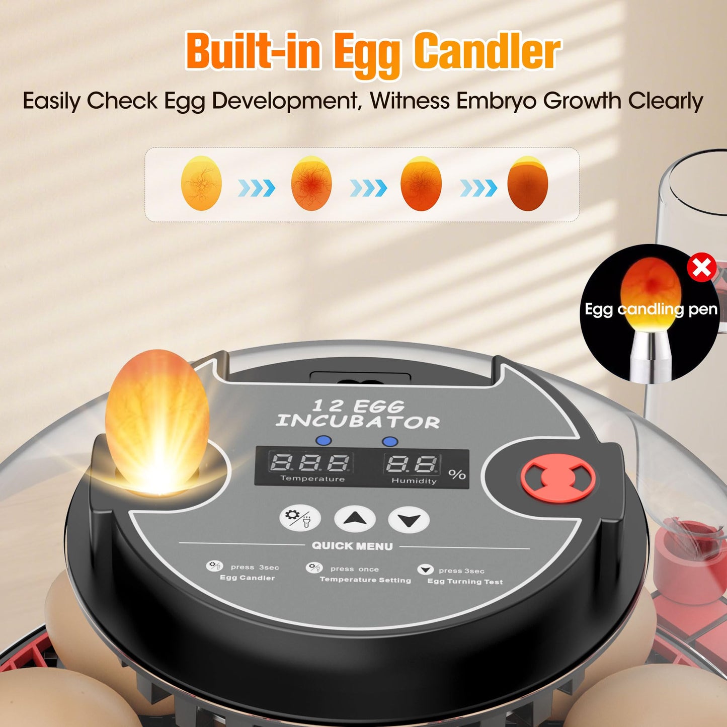 Incubators for Hatching Eggs,12 Egg Automatic Egg Turner with Temperature Humidity Control,Digital Display,Auto Alarm,360° Viewing for Chicken,Quail,Duck Eggs
