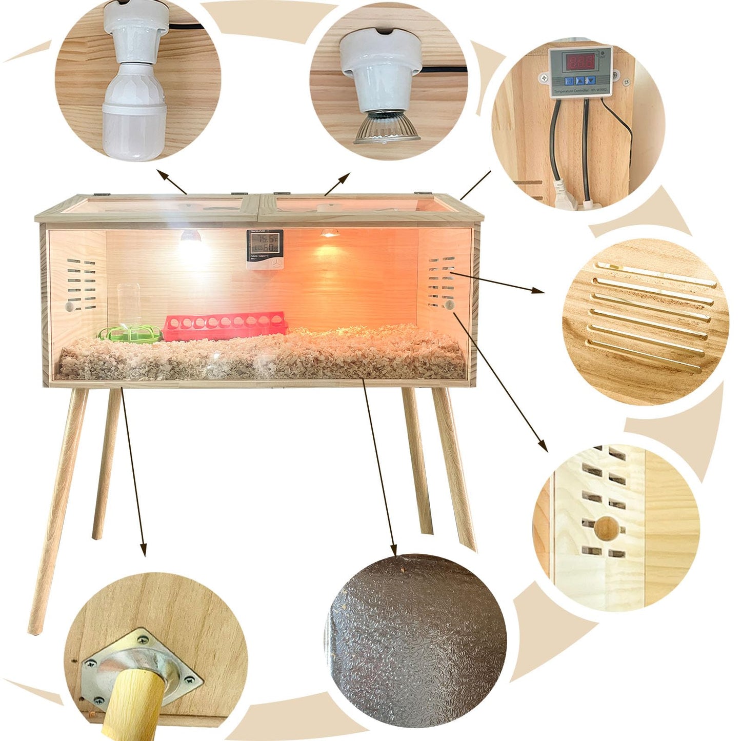 Fengxin Brooder Box for Chicks,Quail cage,Quail coop,Kit with Heat,Chick Brooder Box with Sliding Door,with Thermostat,Table Legs, Temperature and Humidity Meter (31.5×16×16 inches)