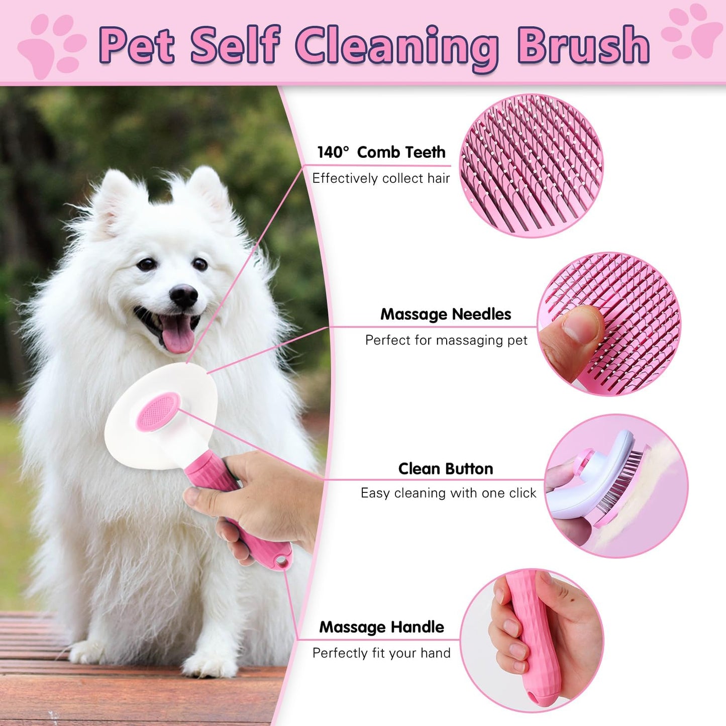 Lanswood Dog Brush Dog Grooming Kit 6PCS Dog Brush for Shedding-Dog Brushes for Grooming, Dematting Comb for Dogs, Cat & Dog Nail Clipper with Nail File, Flea Comb, Dog Bath Brush-Pink