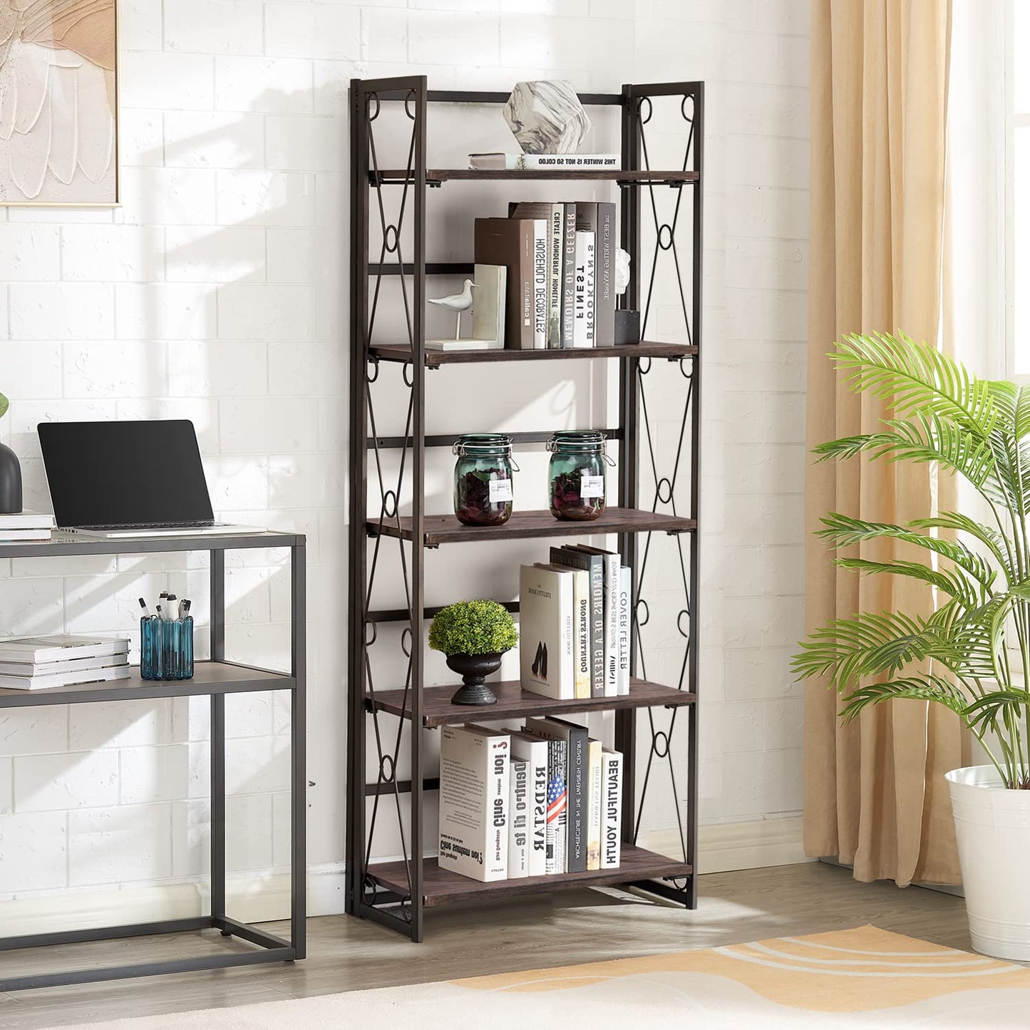 VECELO 2 Set Folding Bookshelf 5-Tier,Industrial Metal Frame & Wood Shelves,Foldable Bookcase No Assembly Free Standing Storage Organizer for Living Room,Office,Bedroom