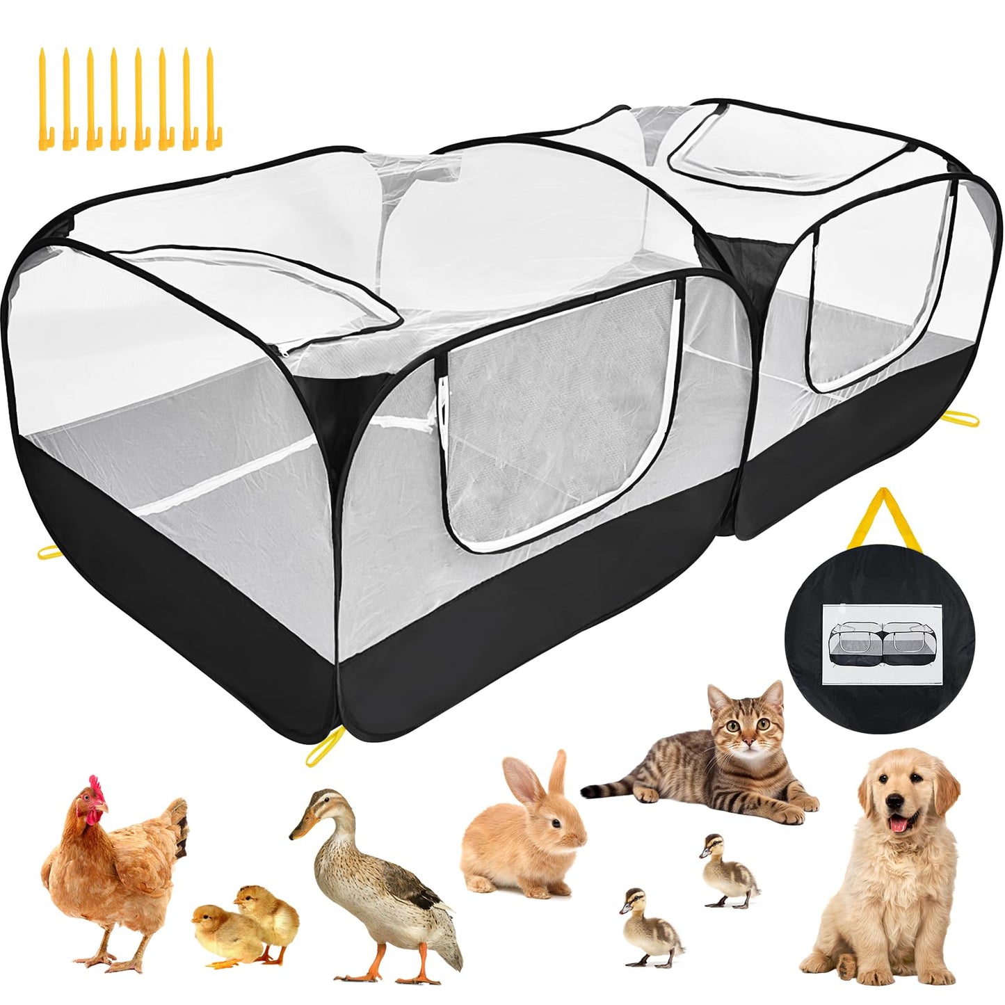 Jhua Pet Playpen for Small Animals, Portable Chicken Run with Detachable Bottom and Cover, Foldable Chicken Coop Indoor Outdoor Pet Pen with Transparent Mesh Walls for Chicken Duck Puppy Cat Rabbit