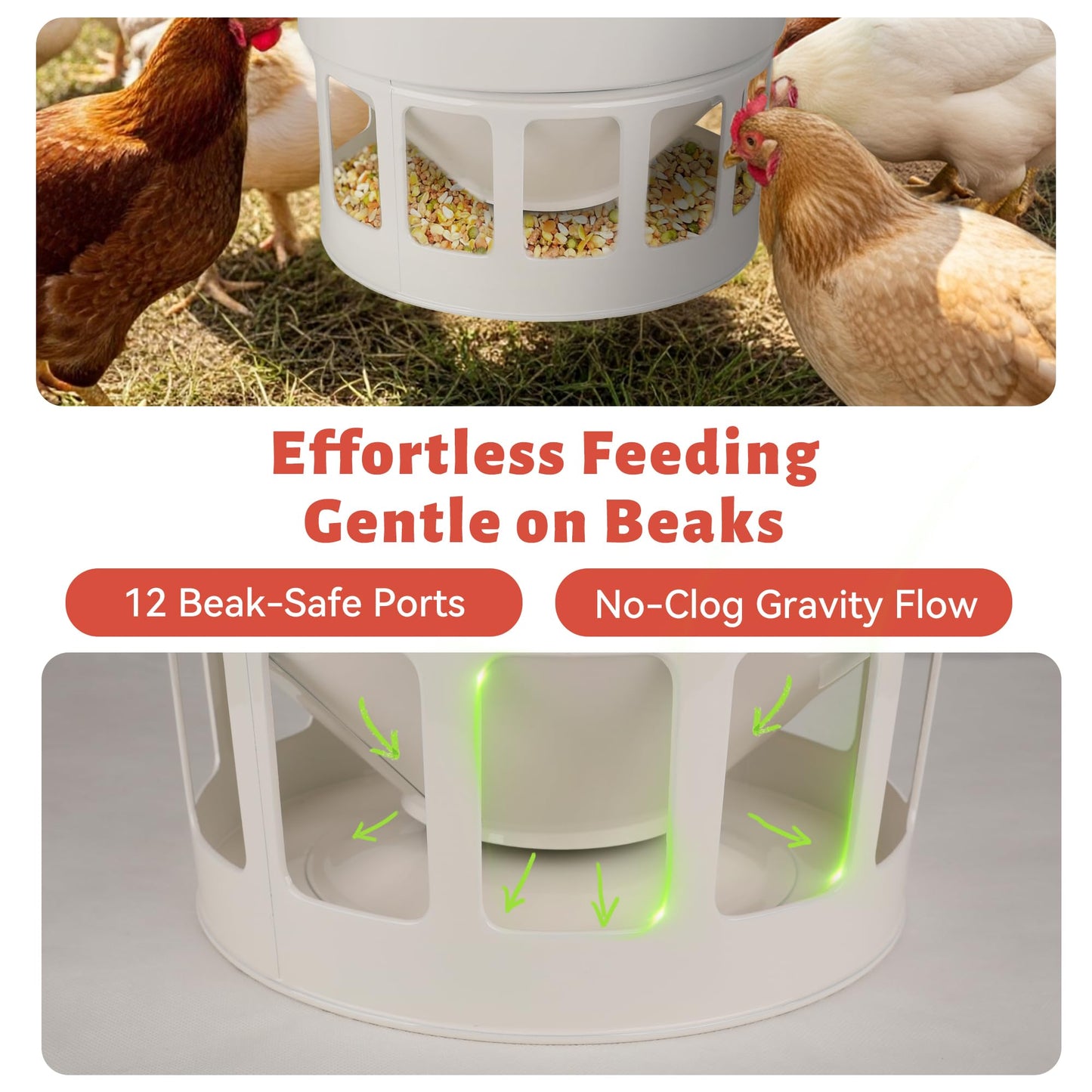 KOL Hanging Chicken Feeder – 20lbs Metal Chicken Feeder, Adjustable Poultry Feeder with 12 Ports, No Installation & Universal Height Design (Jade White)