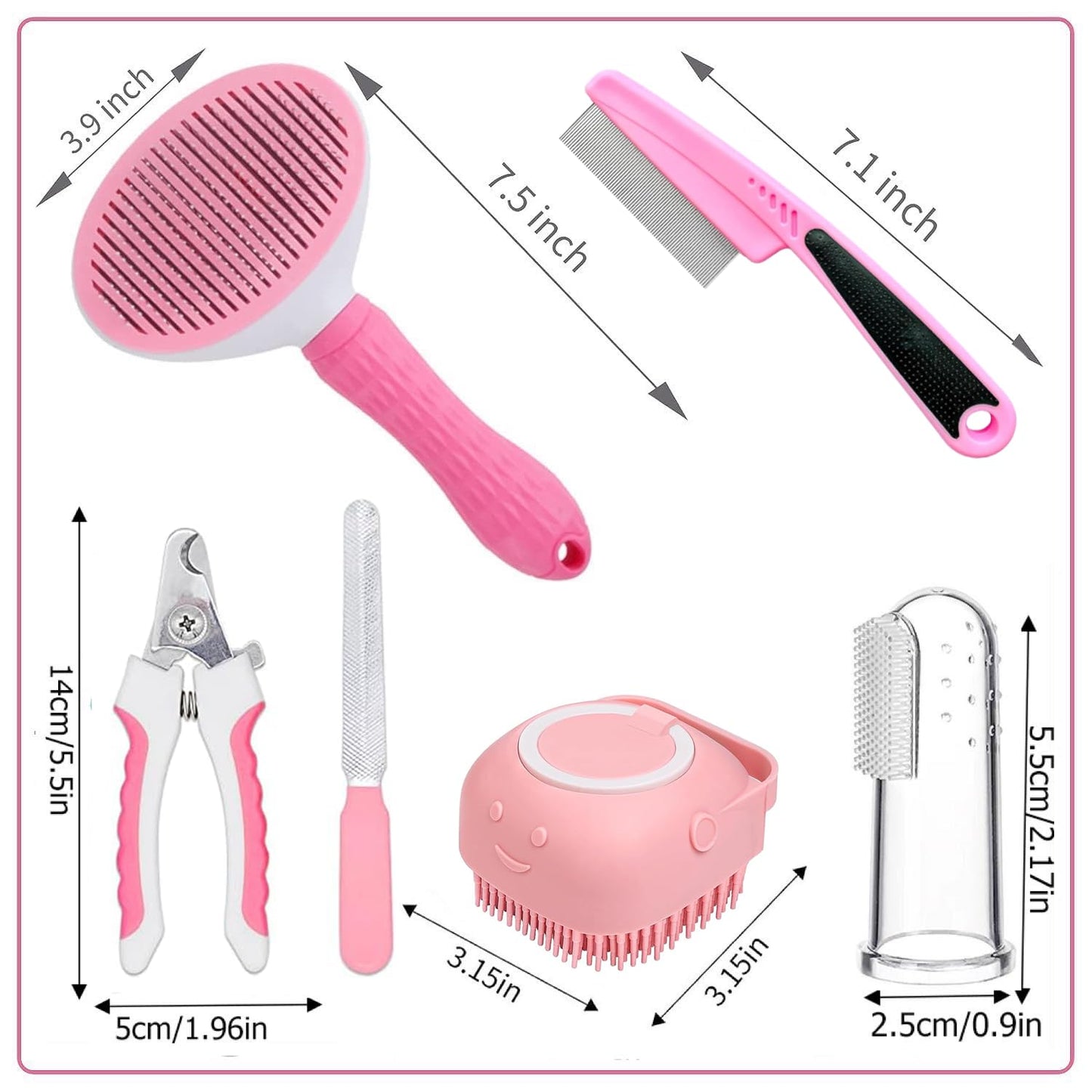 Qubccum 7 Pcs Cat Dog Brush Grooming Kits, Self-Cleaning Slicker Brush, Pet Nail Clipper and File, Flea Comb, Pet Shampoo Bath Brush, Pet Finger Toothbrush, Storage Bag (Pink)