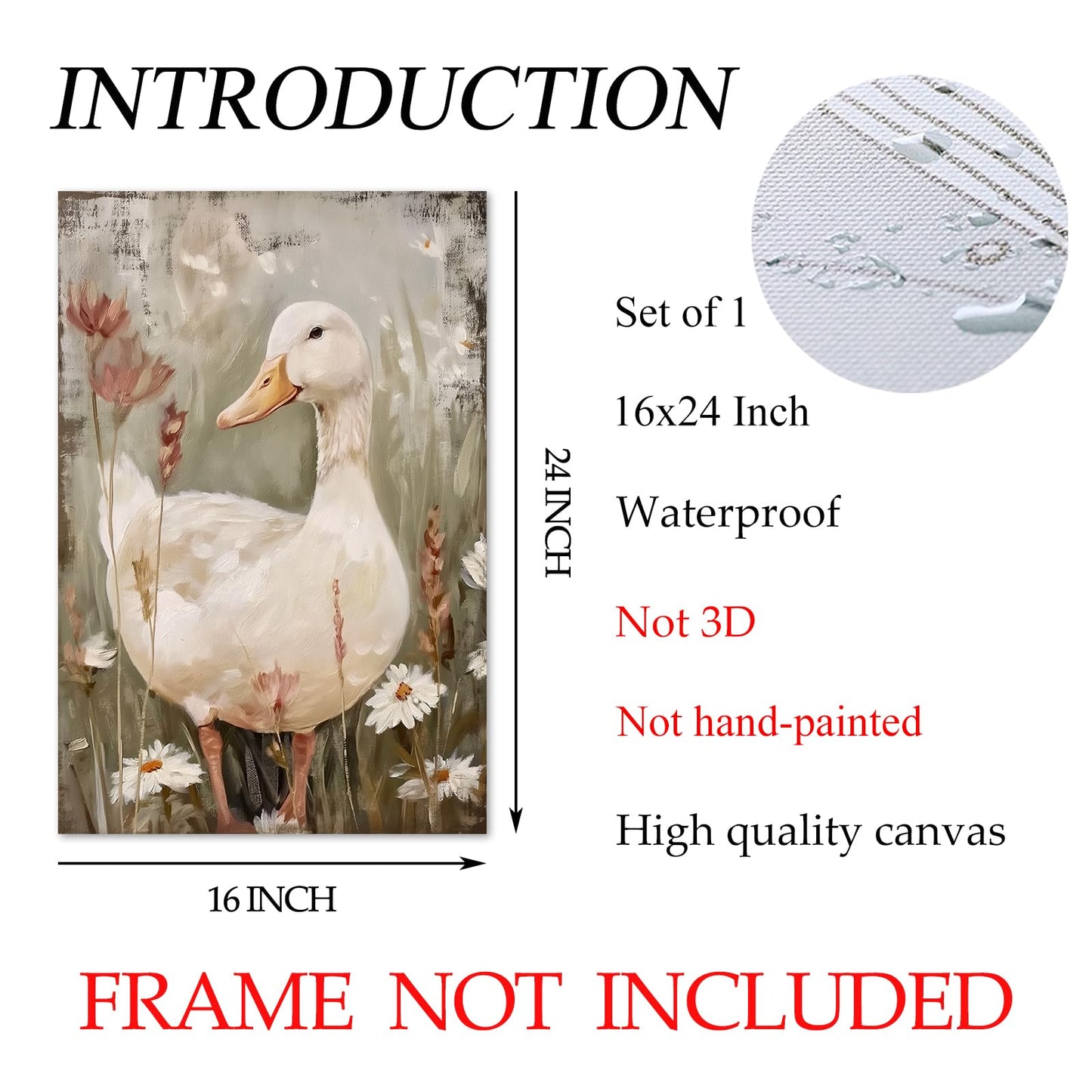 Vintage Goose Painting Farmhouse Duck Pictures Rustic Animal Canvas Wall Art Cute Goose Poster Vintage Nursery Artwork Flower Animal Wall Art Retro Duck Painting Cute Farmhouse Print 16x24in No Frame