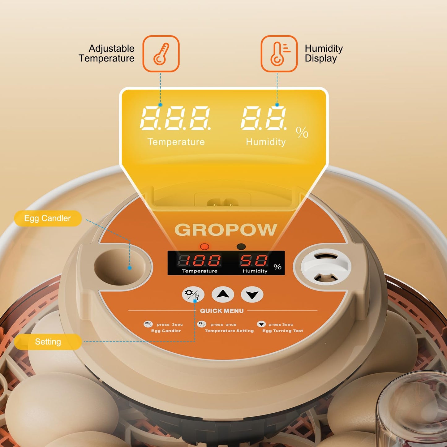 GROPOW 12 Egg Incubator, Automatic Turning with Temperature & Humidity Control, Egg Candler, 360 View with Air Vent, Auto Water Bottle Refill, Chicken Incubator for Hatching Eggs
