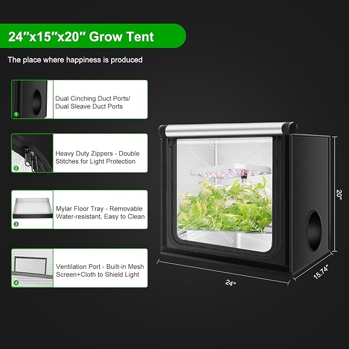 MELONFARM 24"x16"x20" Grow Tent, Double Transparent Viewing Door Indoor Grow Tent, Growing Tent with High Reflective Mylar & Floor Tray, Plant Tent for Indoor Hydroponics Growing