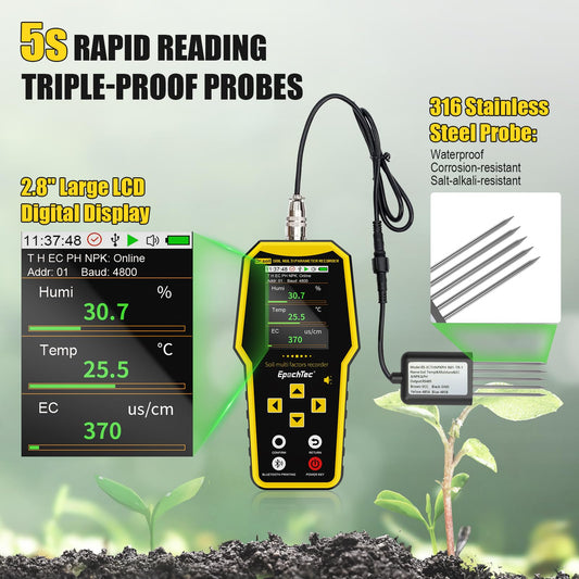 EpochTec 7 in 1 Soil Tester, ±1% High Precision Digital NPK Tester/Soil Moisture Meter/PH Tester/Temperature/EC Monitor for Agriculture, Plant Cultivation, Geological Survey with Data Storage & Export