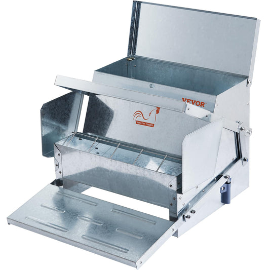 VEVOR Poultry Feeder, 25lbs Capacity, Feed Chicken Feeder with Lid & Lock, Outdoor Coop Food Dispenser, No Waste, Weatherproof Galvanized Metal Feeder for Ducks, Geese