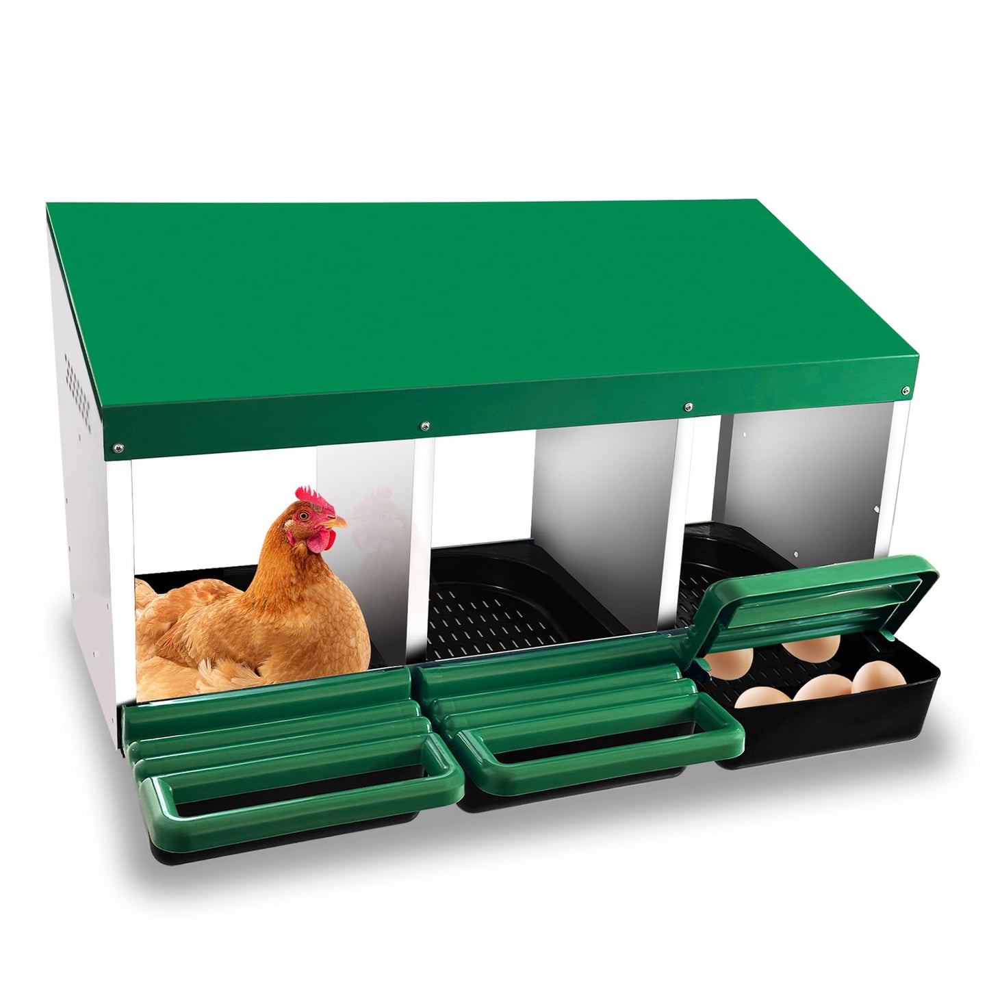 Eggluuz Chicken Nesting Box, 3 Compartments Chickens Egg Laying Nest Boxes for Hens Green
