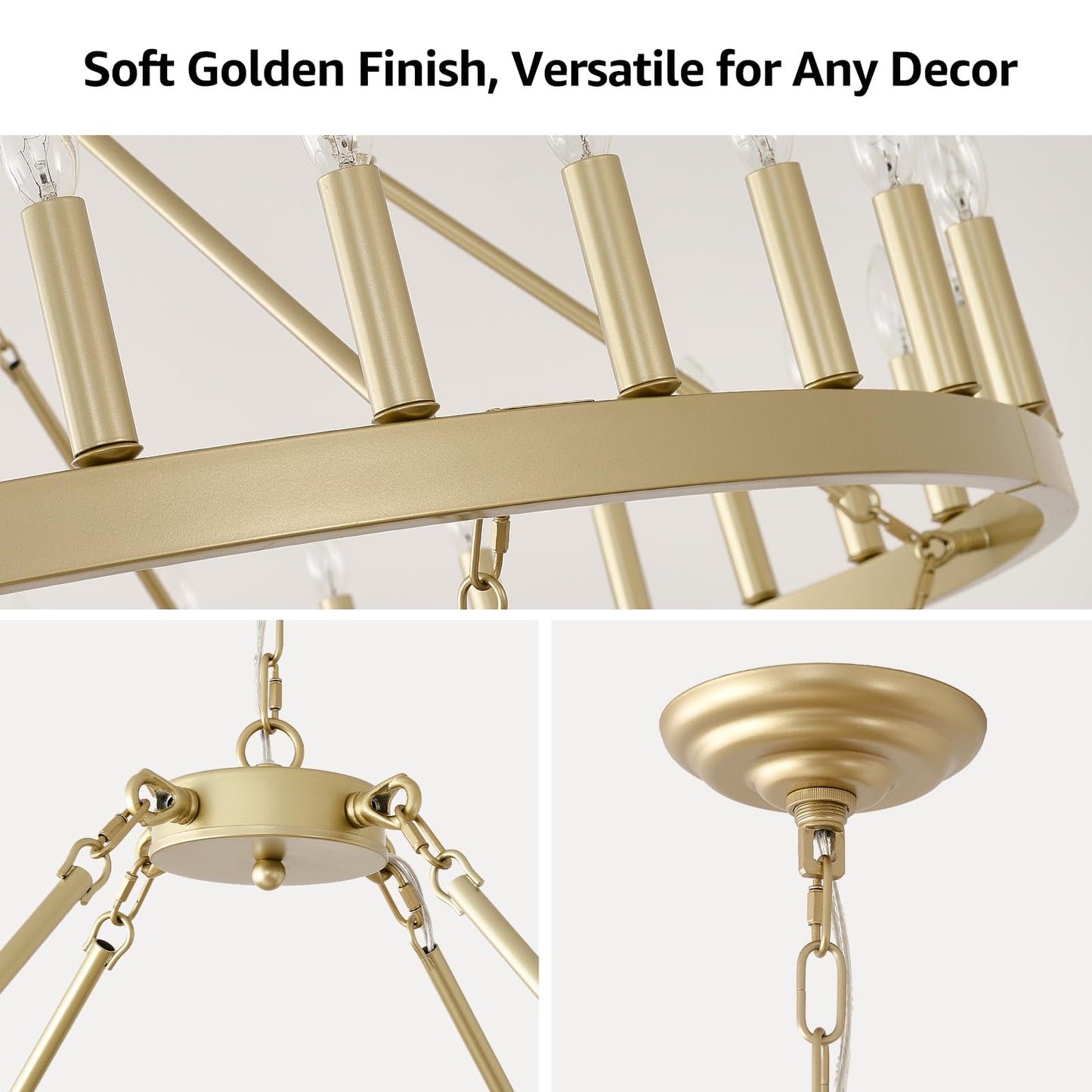 HHR 48" Gold Wagon Wheel Chandelier 2 Tiers, 36-Light Large Farmhouse Chandelier for High Ceilings, Round Rustic Pendant Light Fixture for Foyer, Entryway, Dining Room, E12