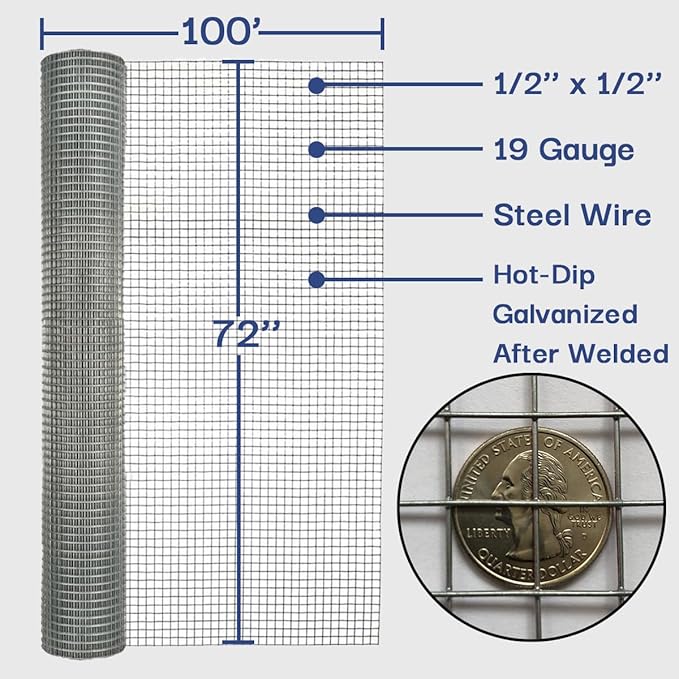 Galvanized Hardware Cloth 1/2 in. x 6 ft. x 100 ft. 19-Gauge, Wire Mesh Roll, Chicken Wire Fencing, Wire Fence Roll, Welded Wire, Rodent Mesh, Wire Cloth, Galvanized Mesh