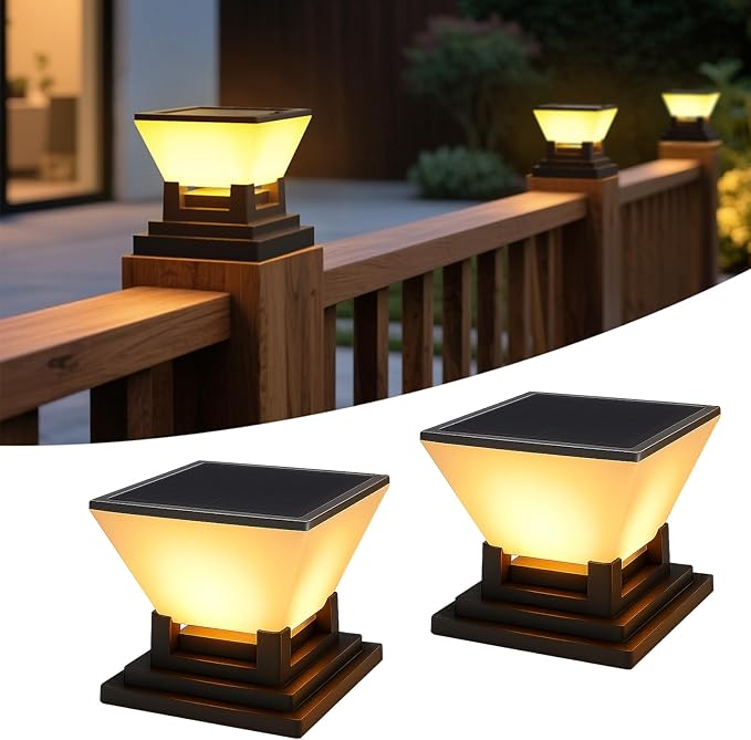 Solar Post Cap Lights - 2 Pack Outdoor Deck Fence Post Solar Lights for 4x4 5x5 6x6 Wood/Vinyl Posts, Ip65 Waterproof, 10-12 Hours, 3 Color Modes for Decorate Garden,Patio,Porch, Black