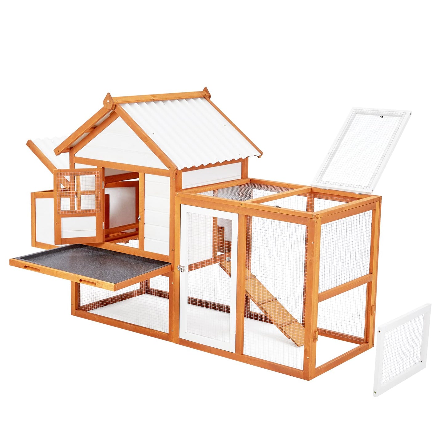 Outdoor Chicken Coop Wooden Hen House with Run, Poultry Cage w/Ramps, Nesting Box, 4 Access Areas, Wire Fence, Removable Bottom for Easy Cleaning