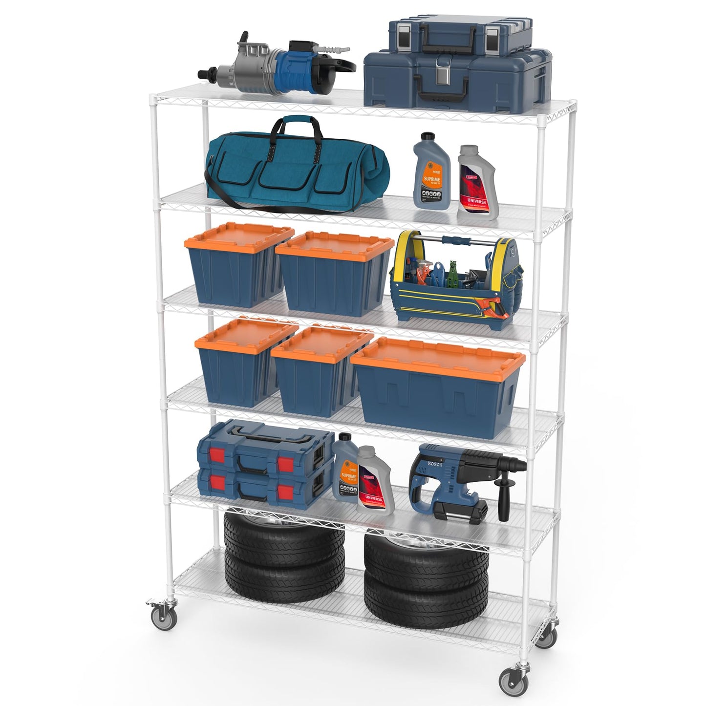 6 Tier NSF Wire Shelf Shelving Unit, 18 x 60 x 87.5 Inch 6000lbs Capacity Heavy Duty Adjustable Storage Metal Rack with Wheels/Leveling Feet & Shelf Liners, Ideal for Garage, Kitchen, and More - White