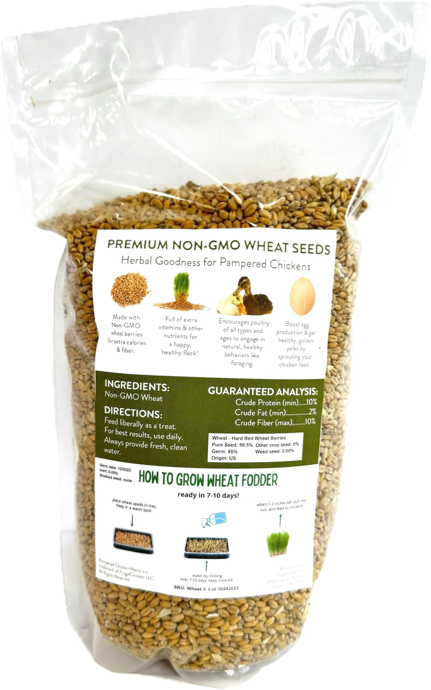 Pampered Chicken Mama Non-GMO Fodder Seeds for Chickens (3 pounds), Pasture Grass Seed, Wheat Grass Seeds for Growing, Wheat Seeds for Fodder
