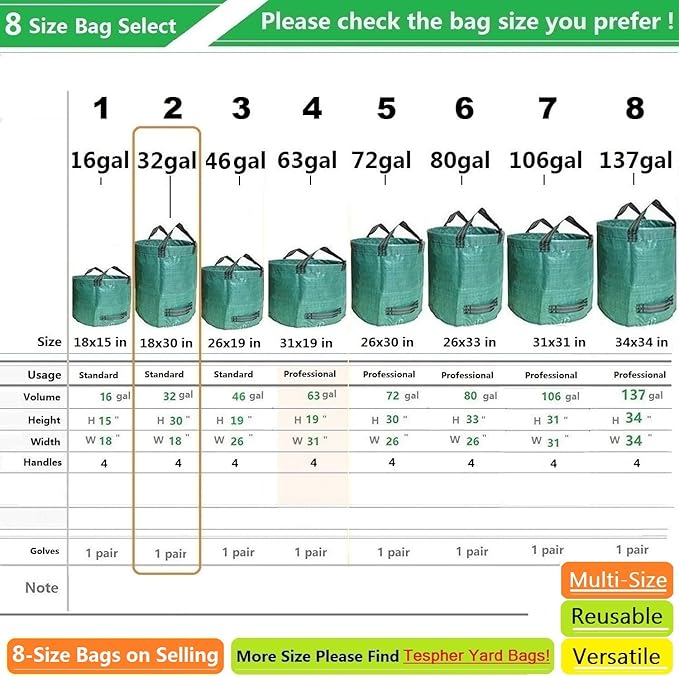 Standard 2-Pack 32 Gallon Yard Garden Bags (D18, H30 inch) with Gardening Gloves for Yard Waste,Debris Bags,Recycling Bin,Camping Trash Container,Laundry Bag,Lawn Grass Clippings,Leaf Bag w/ 4 Handles