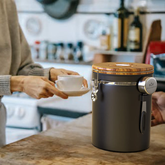 Miscedence 35OZ Coffee Canister for ground coffee with Date Tracker,Wood grain lid 304 Stainless Steel Kitchen Food Airtight storage container for Coffee Beans or Grounds, Tea, Sugar(35oz-grain)
