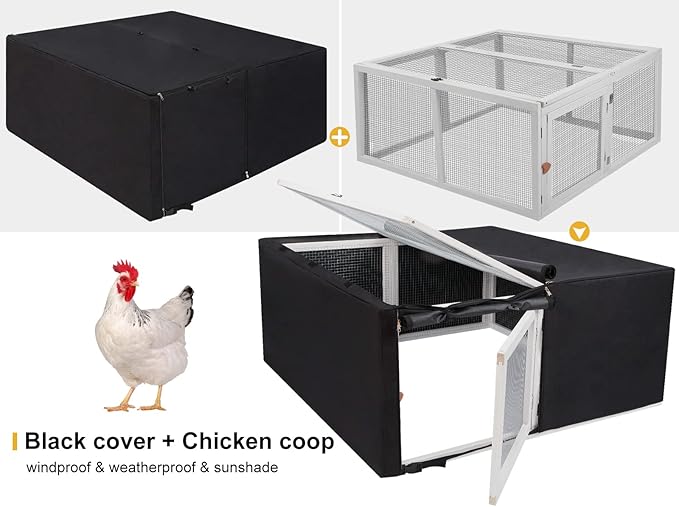 Assembly Free Chicken Coop, Foldable Chicken Run Cage Wooden, Extension Chicken Run Large Chicken Pen Rabbit Enclosure Duck House (White+Black Cover)