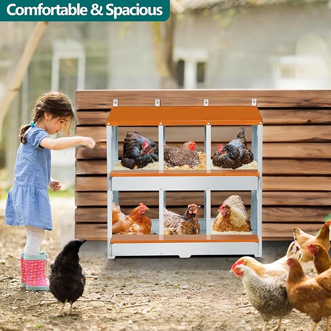 6 Compartment Chicken Nesting Box, Metal Nesting Boxes for Chicken, Indoor & Outdoor Use, Wall Mountable Laying Boxes for Hens, 31.9" L x 13" W x 25" H, Orange