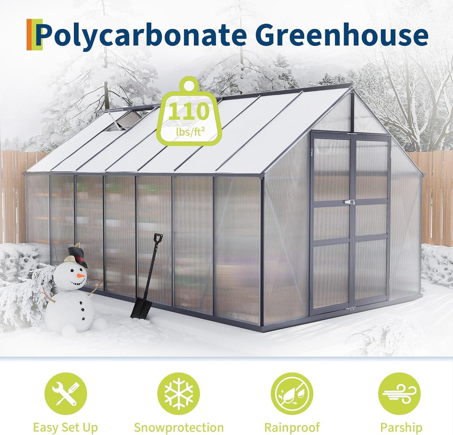 Greenhouse Large Walk-in Green House with Aluminum Frame, Polycarbonate Roof Vent & Wind Resistant, Backyard Garden Greenhouse Kit for All Weather