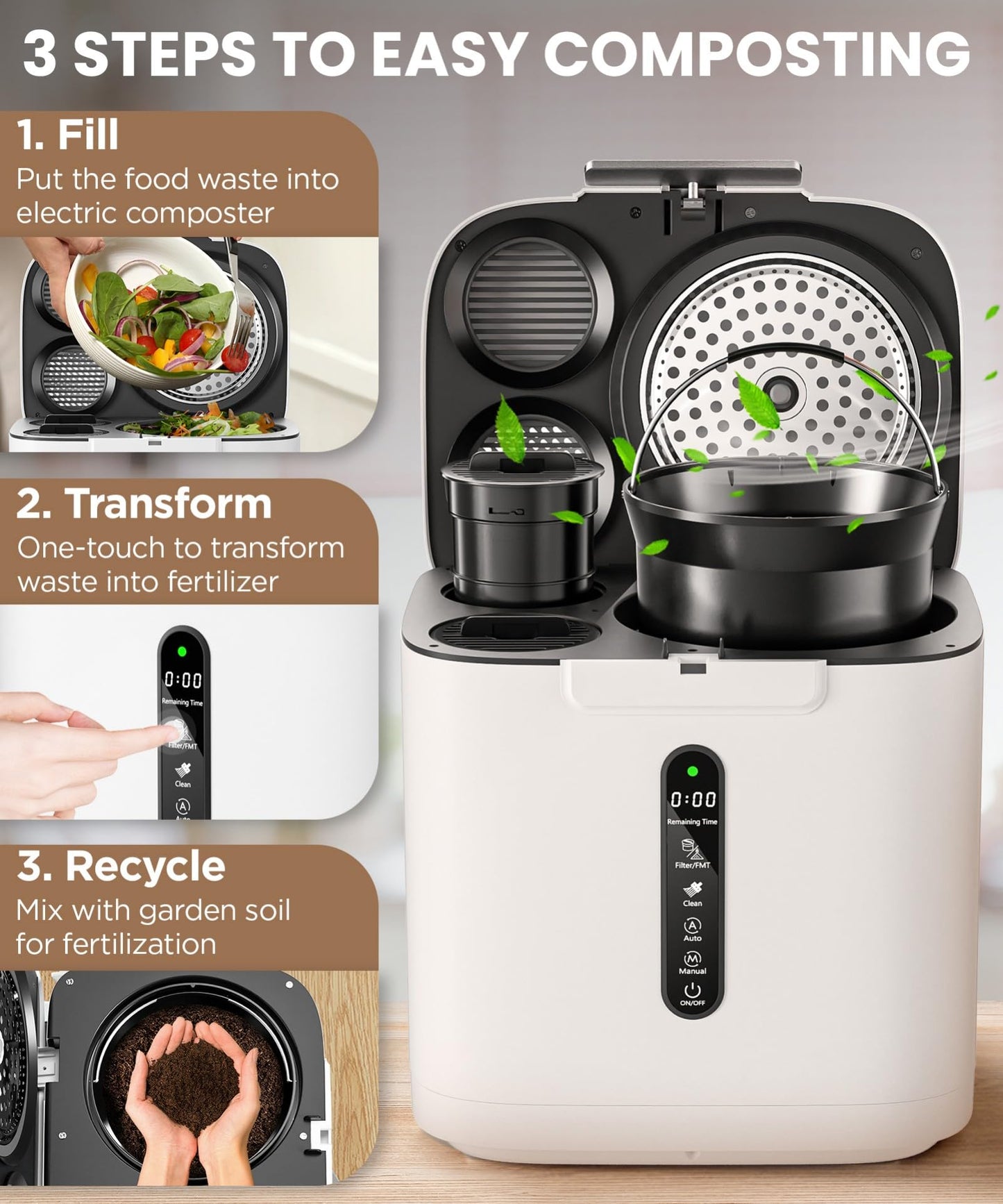 4L Electric Composter for Kitchen, Compost Bin for Countertop with Auto-Cleaning/Odor-Free/LED Display, Turn Kitchen Waste to Dry Compost Fertilizer, Indoor/Outdoor Compost Machine