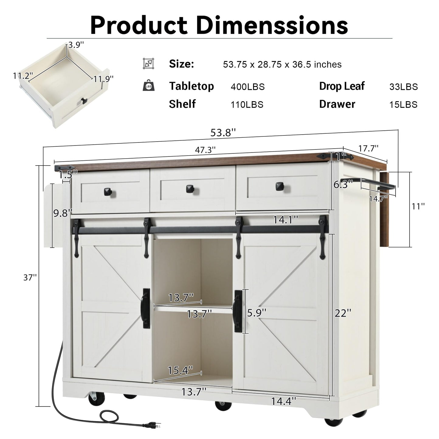 Ball & Cast Farmhouse Kitchen Island Cart with Power Outlet,2 Sliding Barn Doors,3 Adjustable Shelves,Dining Storage Island W/Drop Leaf,Spice Rack,Rolling Cart on Wheels,for Kitchen,Dining Room,White