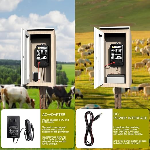 AC/DC 2 in 1 Power Supply, Electric Fence Energizer Kit for 10 Mile Preventing Wild Animal Intrusion, 40 Acre Coverage, 12V Input, 12KV 2 Joule Output, Electric Fence Charger for Livestock