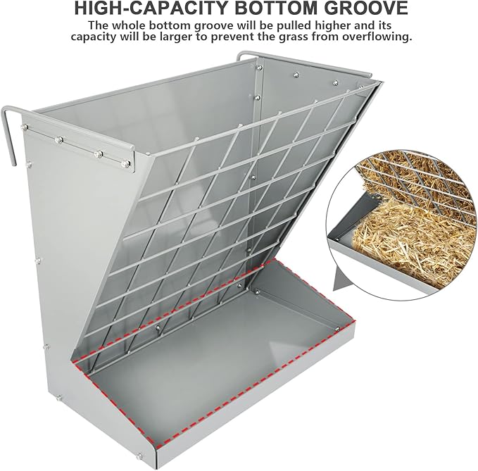 Wall Mount Hay Rack, Heavy-Duty Galvanized Metal 2 in 1 Hay and Grain Feeder, Livestock Feeder with Adjustable Distance, Hay Feeder for Goats, Sheep, Horse