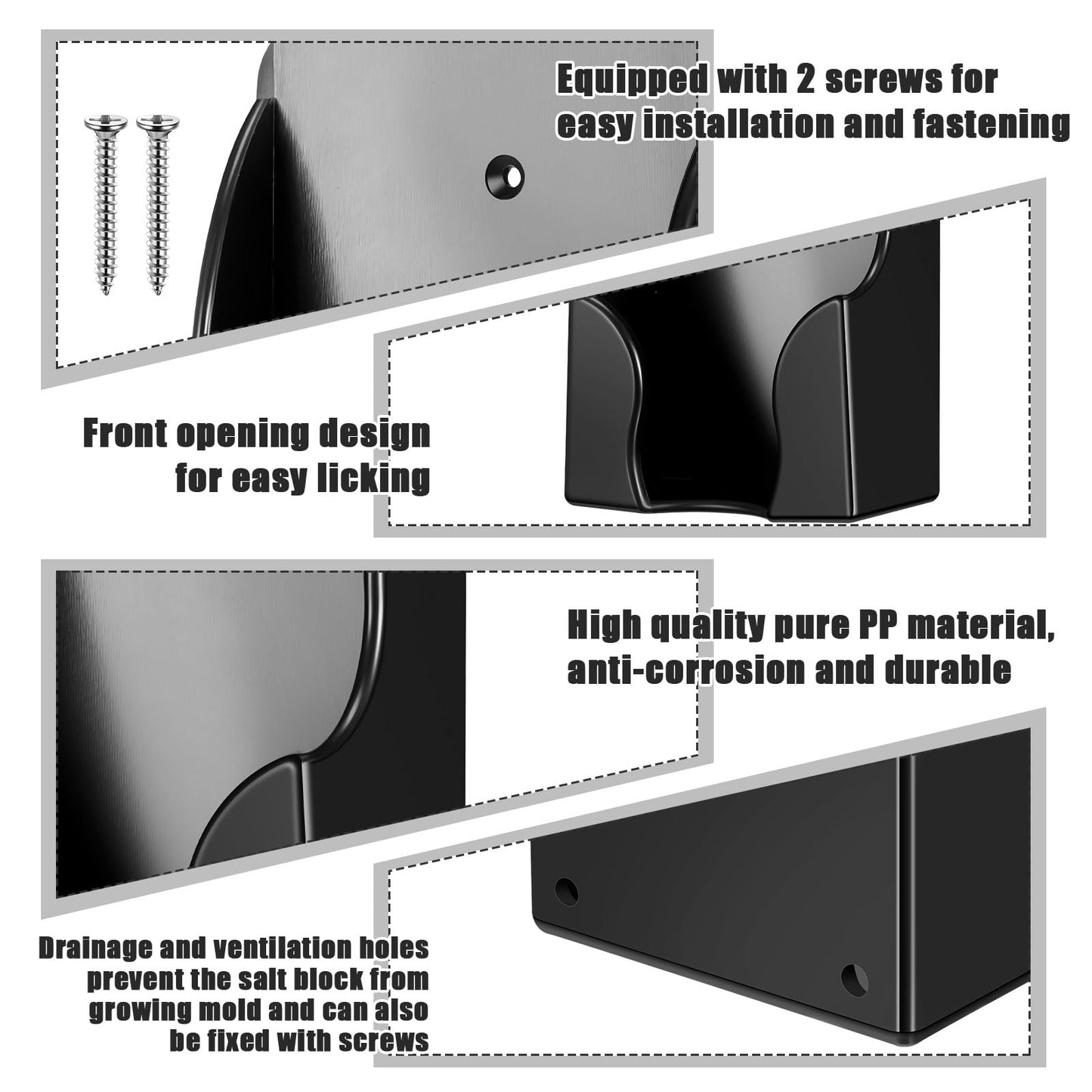 Yousoontic 4 Pcs 4lb Mineral Salt Block Holder Small Plastic Lick Salt Block Stand Horse Feeding Supplies for Whitetail Deer Goat Horses Stall Wall Derby Day Horse Race, Black, 4.33 x 2.76 x 7.4 in