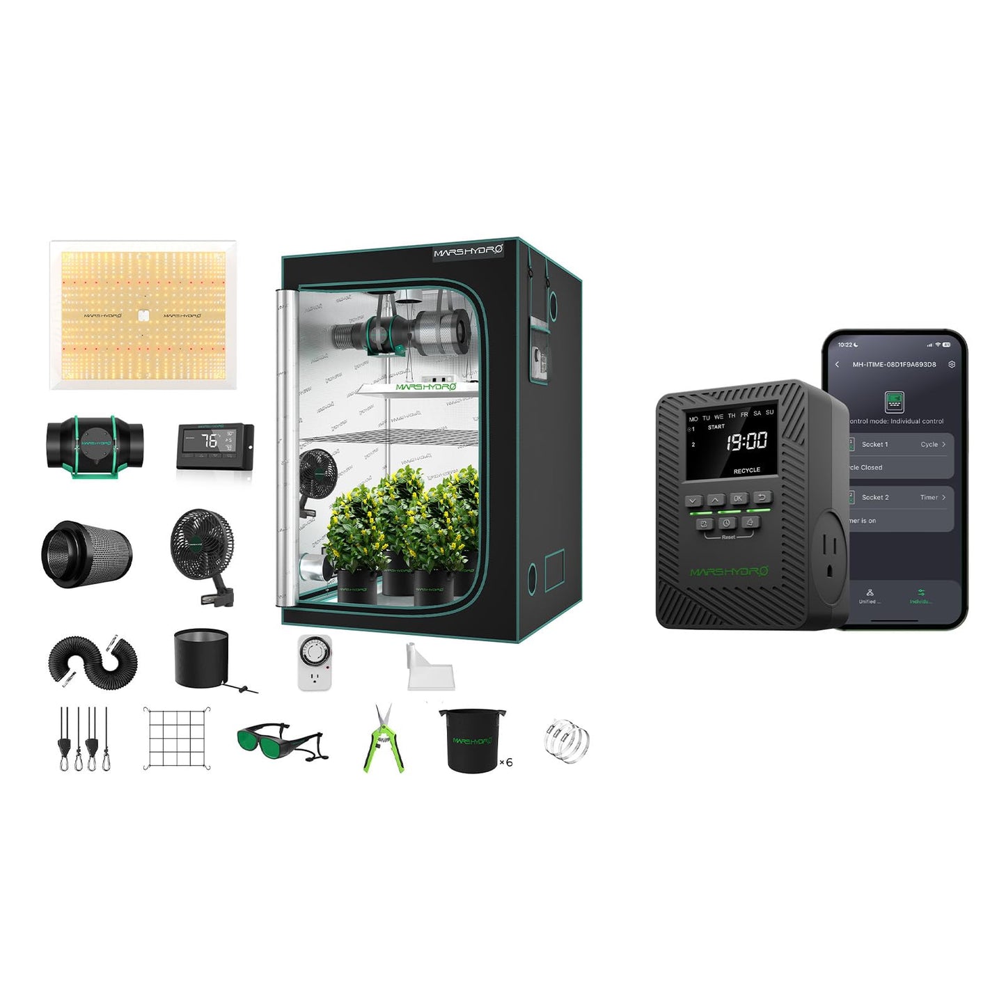 MARS HYDRO 4x4 Grow Tent Kit Complete System and ITime 2-in-1 Smart Timer Outlet Dual Outlet App Control Custom Programmable 12 On/Off for Home Office and Plant Growth Use