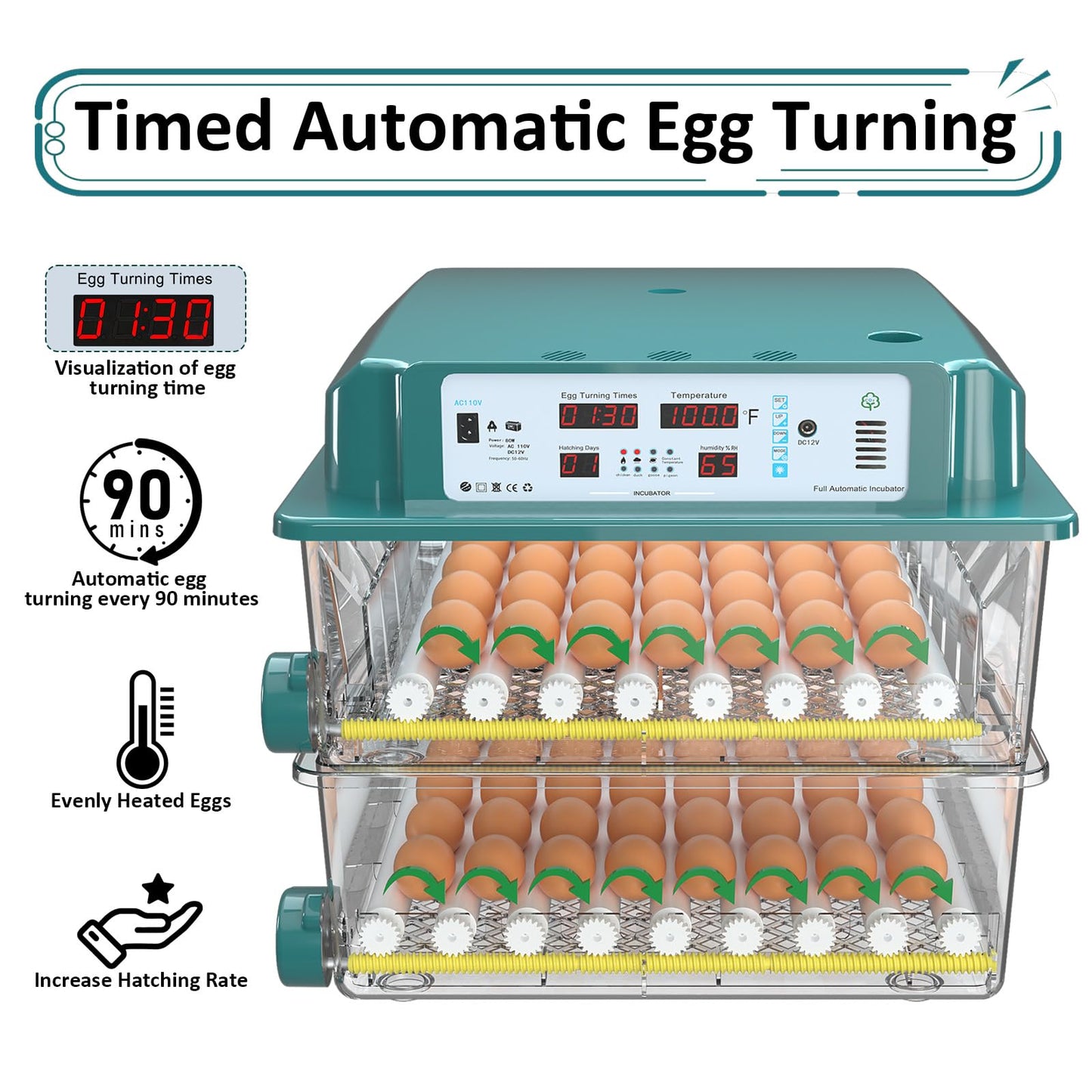 Chalixion Incubators for Hatching 120 Eggs, Egg Incubator with Automatic Egg Turning and Humidity Monitor, Temperature Control, 5 Automatic Incubation Modes and Incubation Days Record