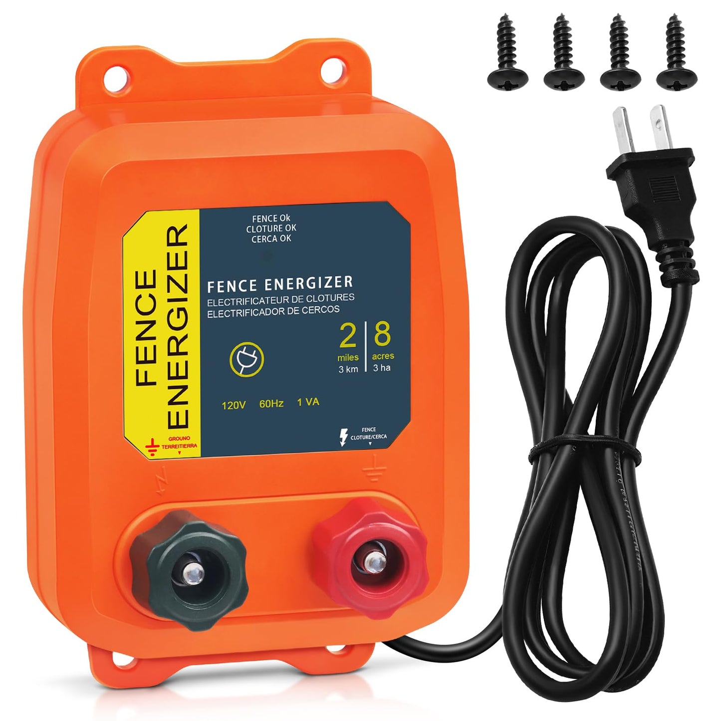 Electric Fence Energizer, 2-Mile/ 8 Acres Plug in Electric Fence Charger, Livestock Fence Charger for Dogs, Raccoons, Livestock, Squirrels, Chicken Coops, Skunks intruding, 0.1 Joule