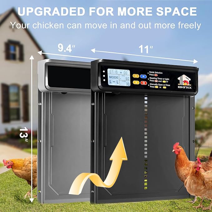 Automatic Chicken Coop Door Solar Powered with Timer, Light Sensor, Remote Control, LCD Display, Aluminum Alloy 4 Auto Modes Wide Solar Chicken Coop Door, Anti-Pinch, Weatherproof, USB Backup, Black