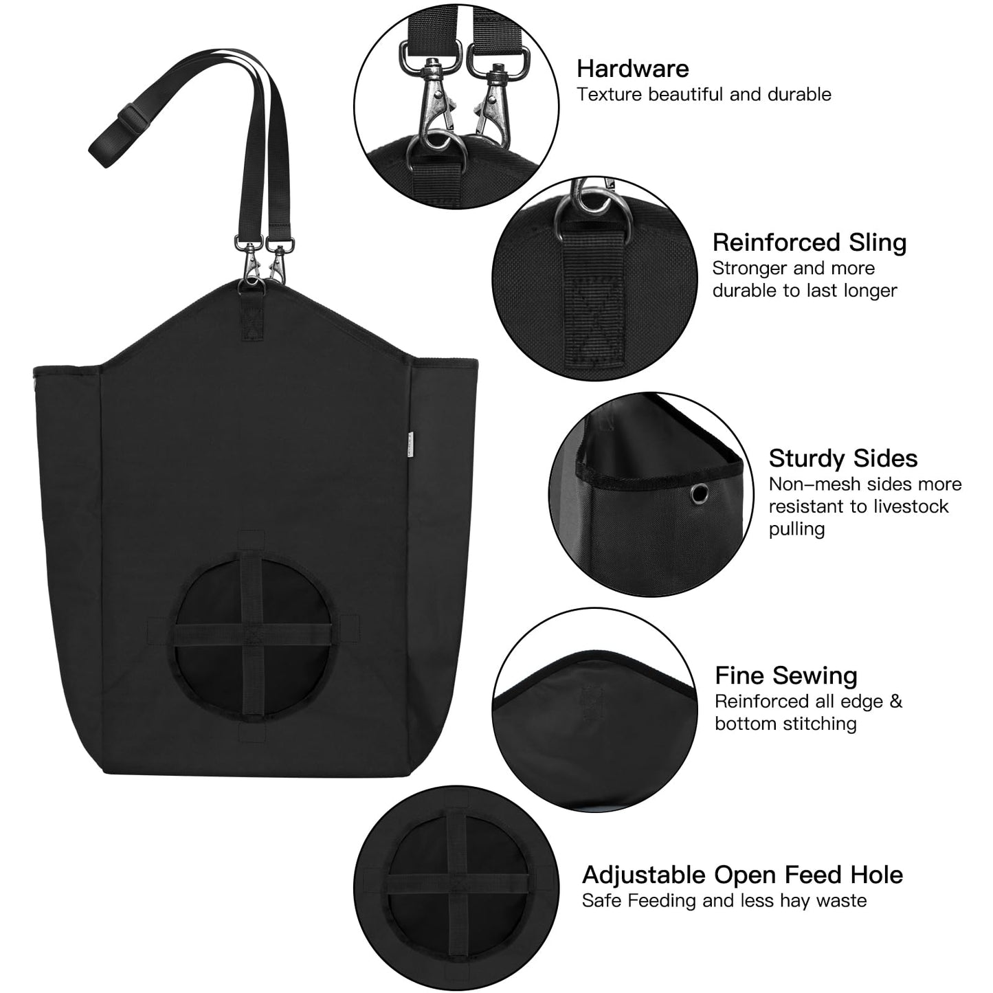 MIYABALA 3 Packs Goat Hay Feeder,Hay Bags for Goats,Horses,Sheep,Premium 600D Oxford Cloth,with Metal Fastener and Adjustable Open Feed Hole for Slow Feeding. (3 Black)