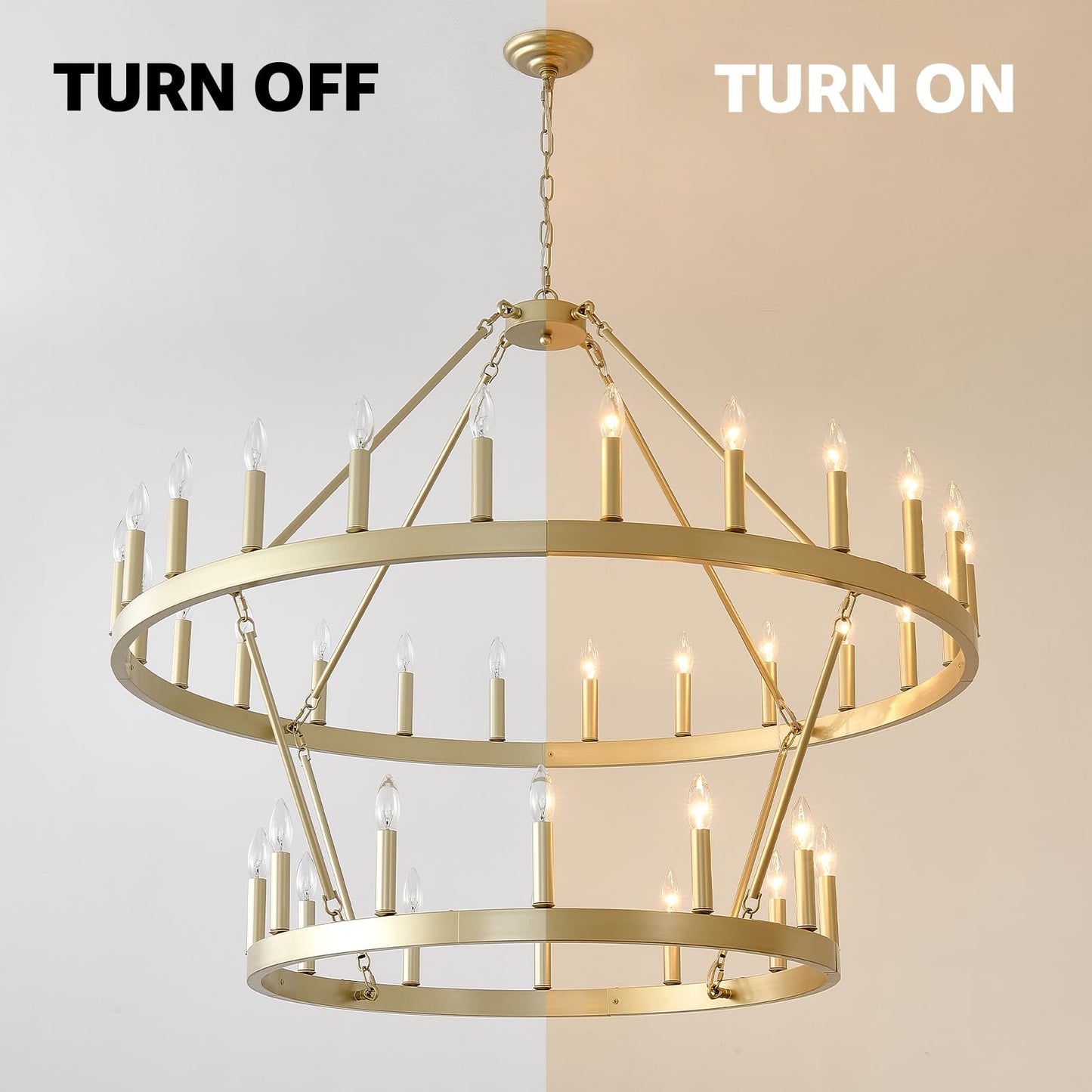 HHR 48" Gold Wagon Wheel Chandelier 2 Tiers, 36-Light Large Farmhouse Chandelier for High Ceilings, Round Rustic Pendant Light Fixture for Foyer, Entryway, Dining Room, E12