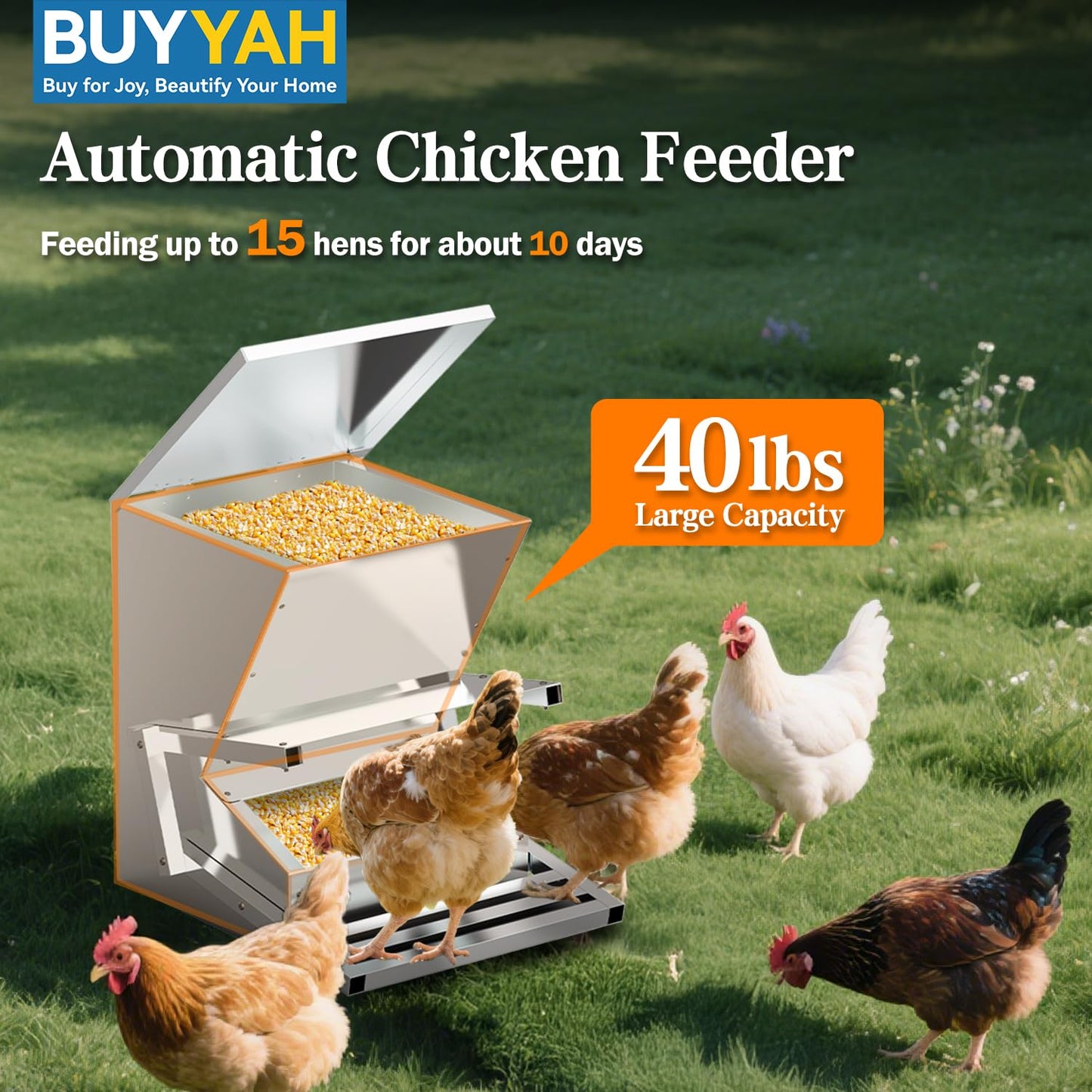 BUYYAH 40lb Automatic Metal Treadle Feeder, Sturdy Galvanized Steel Poultry Feeders, Automatic Chicken Feeder, Suitable for Chicken, Geese, Ducks, Turkeys and Quails