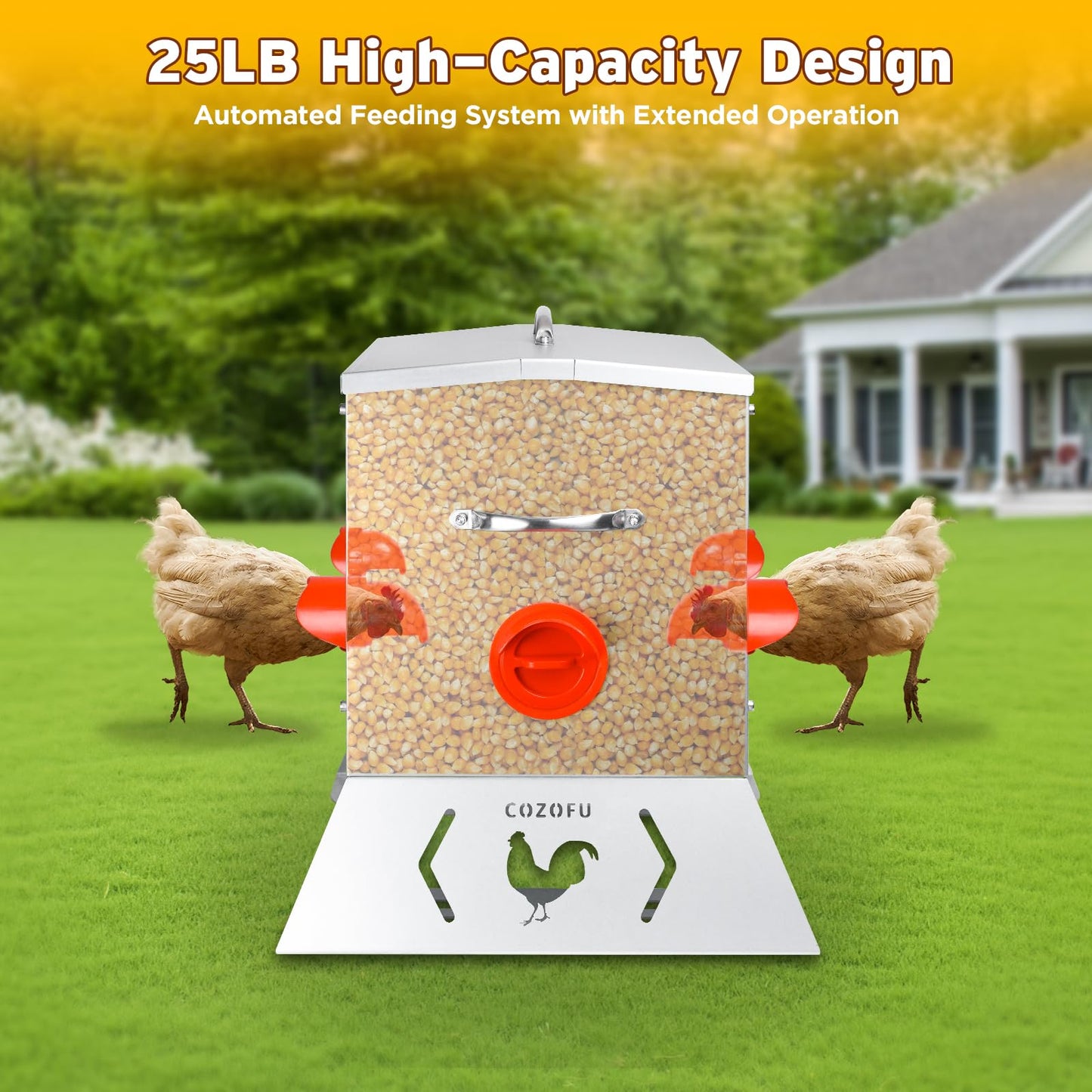 COZOFU 25 Pounds Automatic Chicken Feeder 6 Ports Large Gravity Fed Chicken Feeder with Transparent Window & Handle for Chickens Bantams Pheasants Poultry Coop Weatherproof