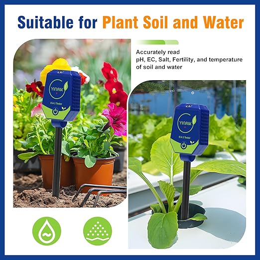 YINMIK pH Moisture Meter Smart Soil Test Kit Garden pH Meter Hygrometer pH Conductivity Meter for Hydroponic 8 in 1 Farm pH Moisture pH Moisture EC Fertility Salt Sunlight Air Humidity Temp Tester
