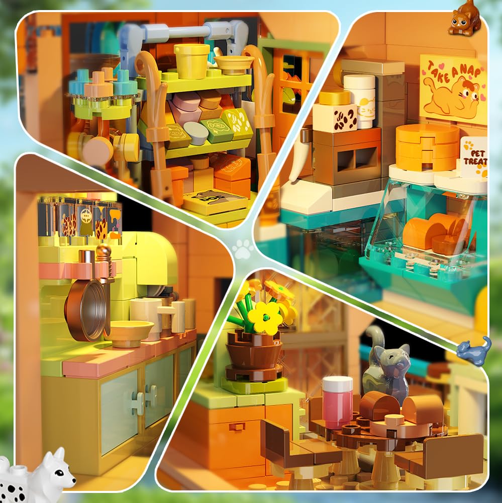 INSOON City Pet Shop Building Set with Lights, Cozy Pet House Construction Toy with Cats Dogs Rabbit, 1431 PCS Cute Animal Store Miniature Model Building Block Kit for Adults Kids Boys Girls Ages 12+