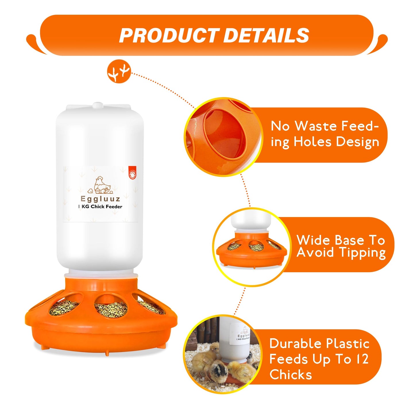 Eggluuz Chick Feeder and Waterer Kit Automatic Chicken Feeder and Waterer Set, 1L Chick Feeder and 1.5L Chick Waterer with 3 Heights Adjustable Legs