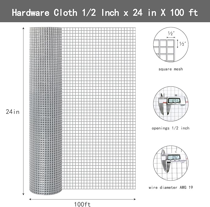 Thinkahead Hardware Cloth 1/2 inch 24 X 100 ft 19 Gauge, Galvanized Wire Mesh Roll, Welded Wire Fencing, Hardware Cloth for Chicken Coop Wire, Rabbit Cage Wire